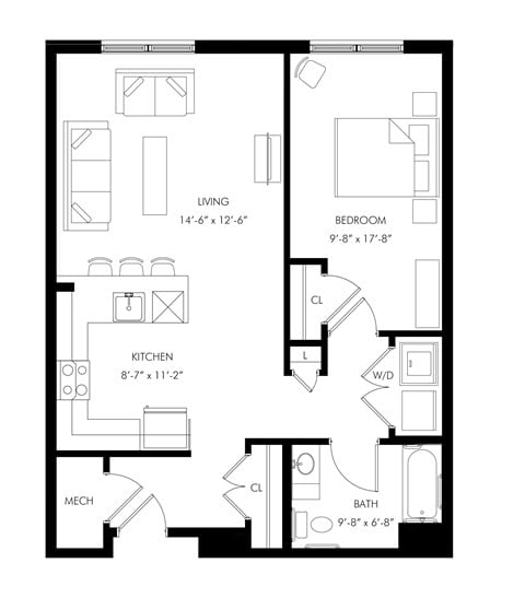 Floor plan for 1 bed, 1 bath, 790 sqft
